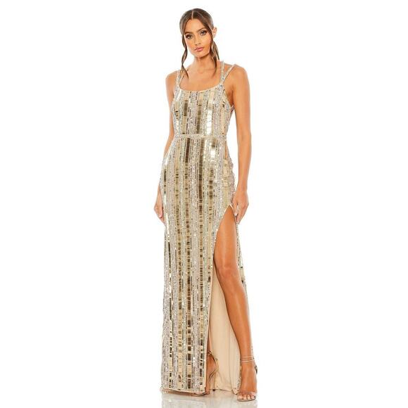 Mac Duggal Bead-Embellished Detail Halter Neck Gown Gold/ Silver Size 14 NWT - Picture 6 of 12